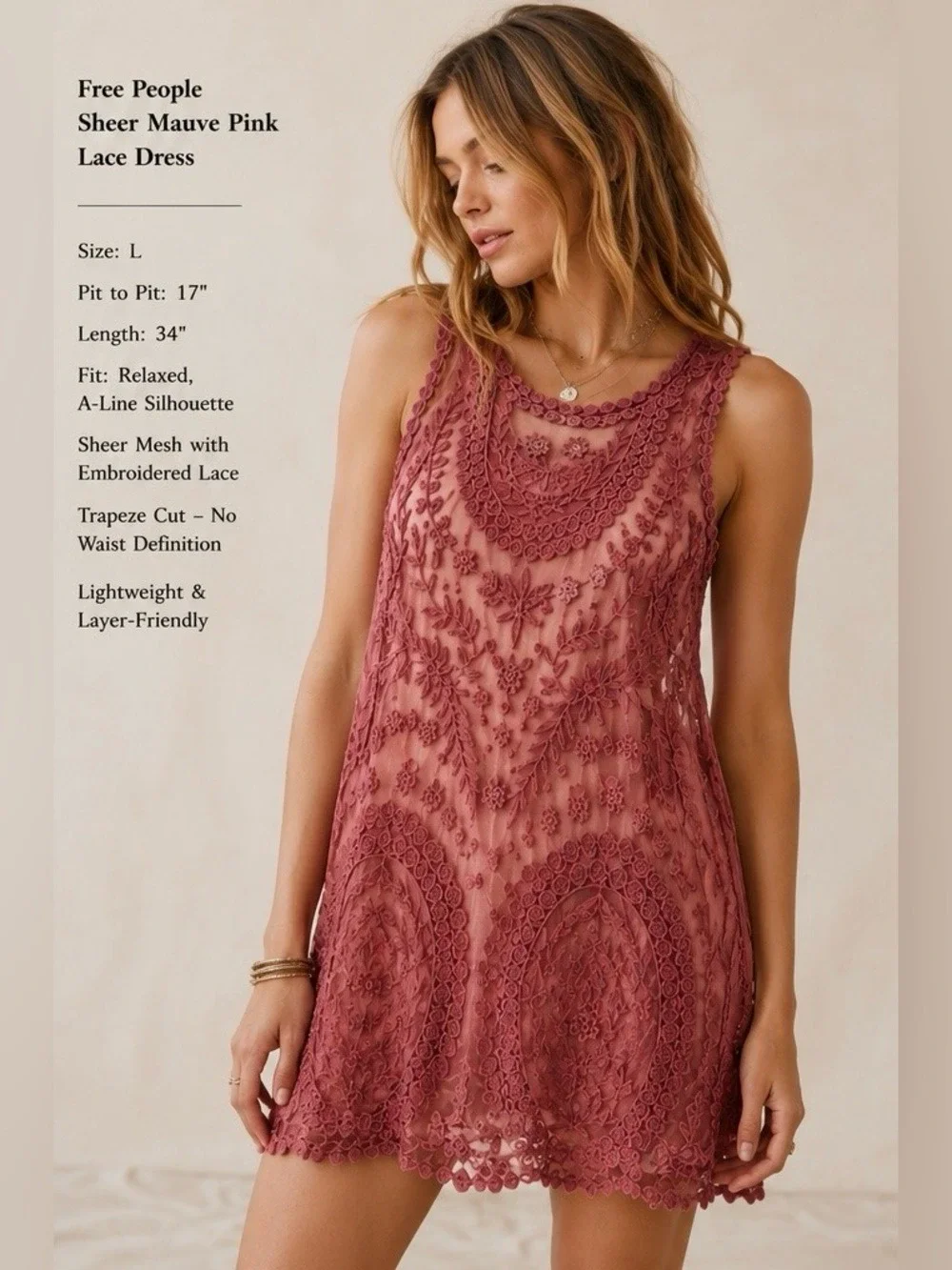 Free People Sheer Mauve Pink Lace Dress. Size L